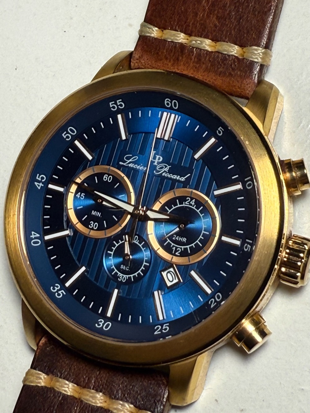 Lucien Piccard Gold-Tone Case Blue Sunburst Dial Watch with Brown Leather Strap